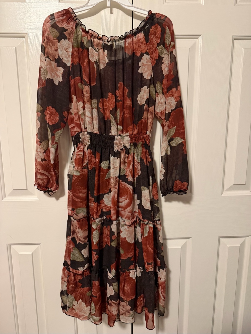 Kate & Lily Floral Tiered Midi Dress Long Sleeve Smocked Waist Size 14